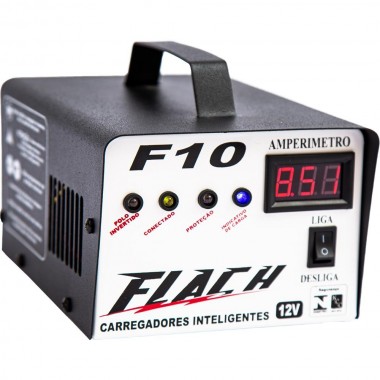 CARREGADOR DE BATERIA INTELIGENTE 10A 12V COM AUXILIAR DE PARTIDA F10 FLACH